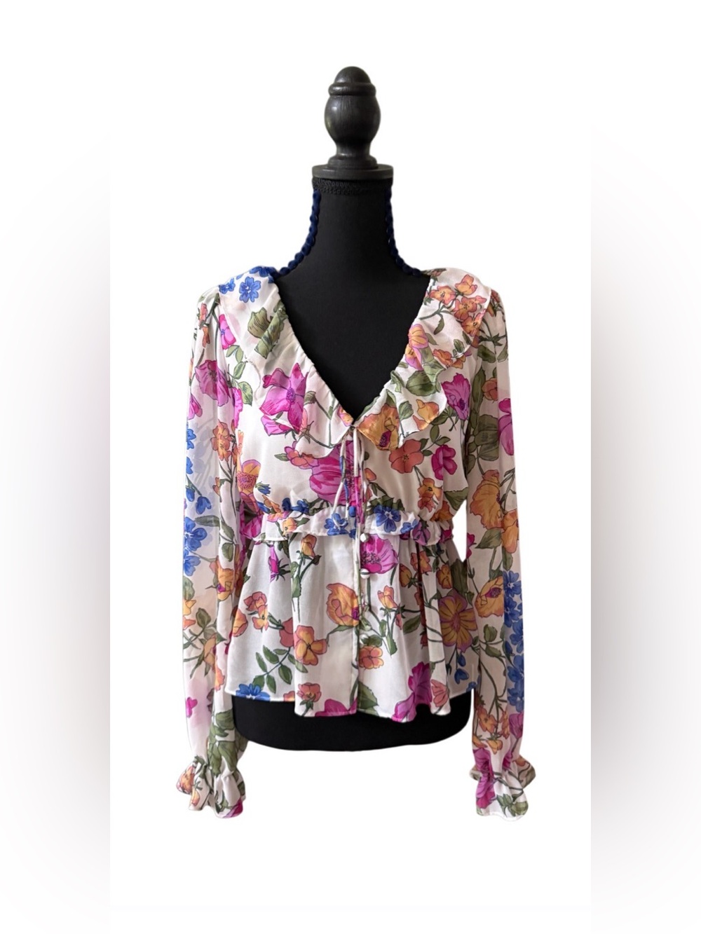 SO White Floral Ruffle V-Neck Button Up Blouse with Pink & Blue Flowers
